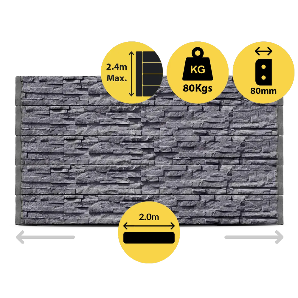 CONCRETE SLEEPER STANDARD STACKSTONE ROCKFACE CHARCOAL 2000X200X80MM